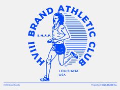 the brand athletic club logo with a woman running in blue and white on a white background