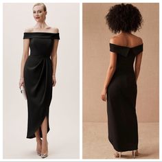 two different dresses, one in black and the other in white with an off - shoulder top