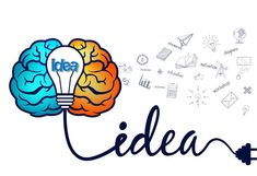 the word idea written in front of an image of a brain and a light bulb