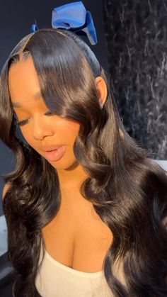 Try this half up half down #lacewigs style gives soft girl with a touch of a cute accessory #bows 🎀  Hair: luxuriousdollshop Straight Hairstyles With Bow, Bow Hairstyle Black Women Quick Weave, Half Up Half Down Quick Weave With Bow, Black Hair Half Up, Bow Wig Hairstyles For Women, Wig With Bow Hairstyle, Hairstyle Ideas Black Women Weave, Black And Brown Half Up Half Down, Ponytail With Bow Black Women