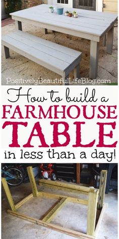 an outdoor table made out of pallet wood with the words how to build a farmhouse table in less than a day