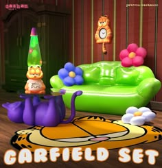 a cartoon cat sitting on top of a couch next to a green chair and flower pot