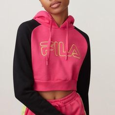 Fila Pink Valeria Cropped Hoodie Sweatshirt Stand Out In This Alluring Hoodie Featuring A Cropped Waist And Eye-Catching Two-Tone Color Block With Our Classic Logo Embroidered Across The Front. - Brushed Back Fleece: 80% Cotton/ 20% Polyester - Embroidered Fila Linear Logo - Adjustable Drawstring Hood - Cropped Fit If You Like: Summer Spring Boho Hippie 60’s 90’s 70’s Beachy Western Pool Coachella Festival Birthday Gift Resort Bohemian Retro Vintage Johnny Was Aesthetic Vacation Gypsy Spell Vici