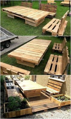 some wooden pallets sitting in the grass with plants growing out of them and on top