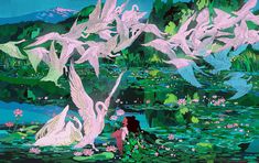 a painting of swans flying over lily pads