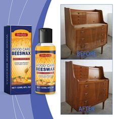 the before and after shots of wood care beeswax furniture polishing, including an old dresser