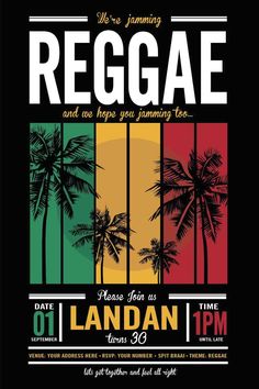 the reggae flyer is shown with palm trees