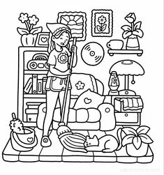 a black and white drawing of a woman in her living room