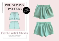 the sewing pattern for shorts is shown in two different colors and sizes, including light blue