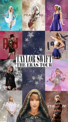 taylor swift the eras tour poster is shown in multiple colors and sizes, including stars