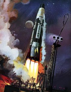 a painting of a rocket launching into the sky