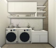 an image of a kitchen setting with washer and dryer in the corner,