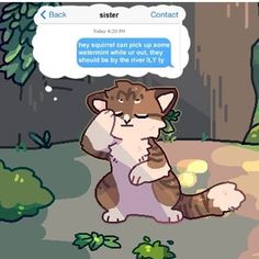 a cartoon cat sitting on the ground with its eyes closed and texting to another cat