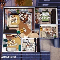 an aerial view of a house with the living room and dining area labeled in white