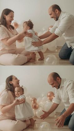 two photos of a man and woman holding a baby in front of balloons while sitting on the floor