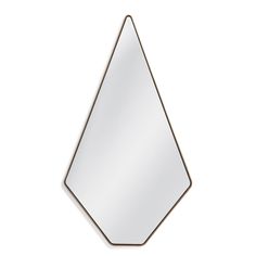 a triangle shaped mirror on a white wall with a brown frame and metal trim around the edges