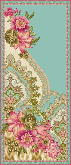 a pink and green floral design on a light blue background with an ornate border in the middle