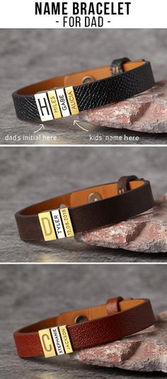 three different types of leather bracelets with name tags on the clasp and two pictures of each