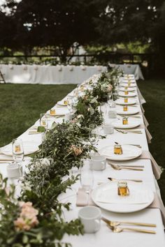 a long table is set with plates and place settings for an outdoor dinner party in the grass