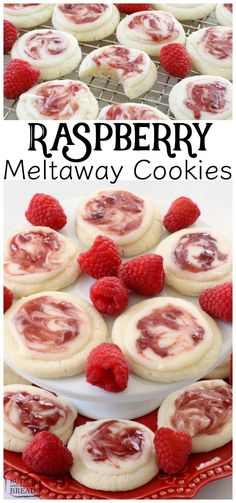 raspberry meltaway cookies on a plate with fresh raspberries