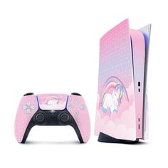 a pink nintendo wii game console with a unicorn on it