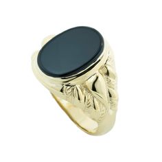 Men's Gold Ring With Black Onyx Sculpted details lend interest to this gemstone ring for him.  A well-designed handcrafted signet ring gilded in gold over solid sterling silver. The ring features a wide tapered shank with a flat-topped onyx bezel-set 16.0 x 12.0mm oval-shaped black onyx stone.   An exclusive ridged and artistic shank completes this pleasing look. This comfort-fit design is professionally polished to a brilliant luster. Custom-made to fit his ring size.          Features and Deta Luxury Oval Cabochon Men's Ring, Classic Onyx Signet Ring With Polished Finish, Formal Yellow Gold Onyx Rings, Timeless Onyx Signet Ring With Polished Finish, Luxury Hallmarked Onyx Rings, Formal Onyx Rings With Polished Finish, Luxury Onyx Round Signet Ring, Gold Onyx Rings With Polished Finish, Luxury Oval Onyx Signet Ring