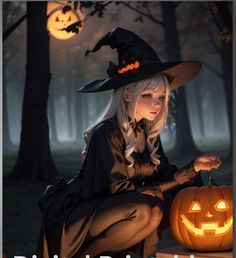 a woman dressed as a witch sitting next to a pumpkin