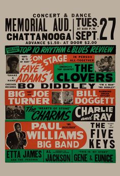 an old concert poster for the band's upcoming show, featuring various acts and names