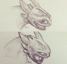 two drawings of a dragon head and the same one with its mouth open, both showing teeth