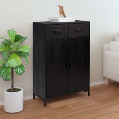 a black cabinet next to a white couch and potted plant on top of it