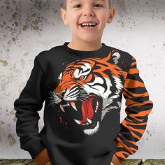 Season:Winter,Fall; Fabric:Polyester; Sleeve Length:Long Sleeve; Look After Me:Machine wash; Gender:Boys; Style:Designer,Fashion,Streetwear,Cool,Daily; Elasticity:Micro-elastic; Occasion:Daily,Casual,Outdoor; Kids Apparel:Pullover,Sweatshirt; Age Group:Kids; Fit Type:Regular Fit; Pattern:Tiger; Design:Crewneck; Age:3-12 Years,4-12 Years; Listing Date:10/13/2023; Bust:; Length:; Neck:; Shoulder Width:; Sleeve:; Print Type:3D Print Winter Long Sleeve Sweatshirt With Character Print, Winter Character Print Long Sleeve Tops, Winter Long Sleeve Sweater With Character Print, Winter Long Sleeve Tops With Character Print, 3d Tiger, Tuxedo Shirt Men, Womens Basic Tops, Mens Outdoor Jackets, Fall Winter Fashion