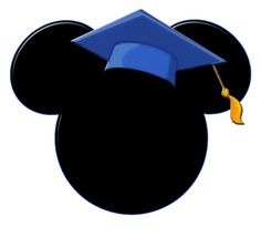 a mickey mouse head with a blue graduation cap on it's ears and a yellow tassel