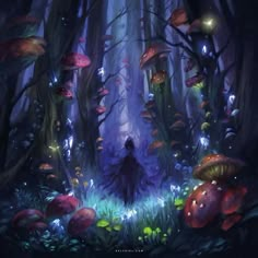 a person standing in the middle of a forest filled with lots of mushrooms and glowing lights