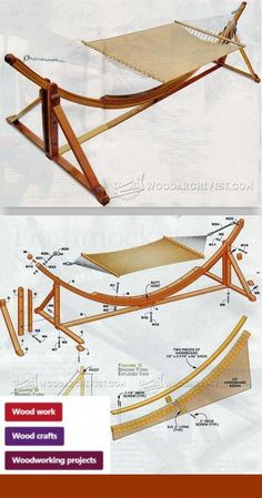 the plans for a hammock are shown in two different views, one is made out of wood