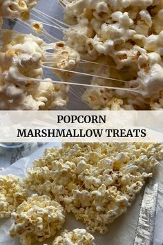 Popcorn marshmallow treats, strings of melted marshmallows, how to make popcorn marshmallow treats, popcorn marshmallow treats cut into squares.