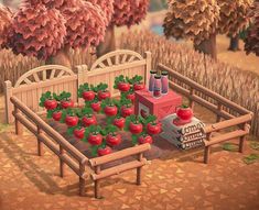 an animated farm scene with tomatoes growing in the ground and other vegetables on the ground