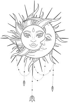 a drawing of the sun and moon in black and white, with stars around it