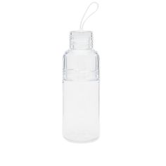 a clear glass bottle with a white lid and a straw sticking out of the top