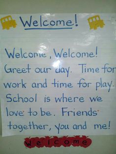 a welcome sign is posted on the wall in front of a classroom door that says, welcome