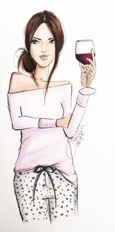 a drawing of a woman holding a glass of wine