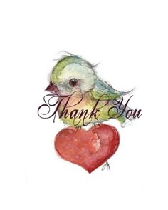 a watercolor painting of a bird holding a heart with the words thank you on it