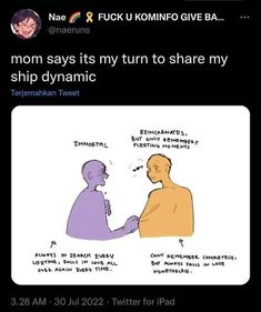 an image of two people talking to each other with text above them that reads mom says it's my turn to share my ship dynamic