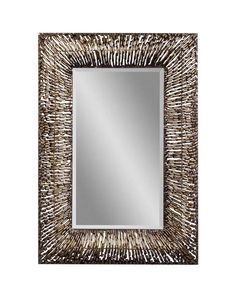 a square mirror that is made out of wood and silver foiled metal strips on the frame