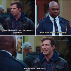 two different scenes with the same person talking to each other and one is wearing a police uniform