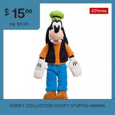 Goofy fans will adore this plush stuffed animal toy from Disney Collection. It's made from a soft, huggable fabric and will make for hours of fun playtime. Character: GoofyRecommended Ages: 2 Years And UpMeasurements: 9.82 Height/Inches, 14.93 Depth/Inches, 14.93 Width/InchesFilling Content: 100% PolyesterCare: Wipe CleanCountry of Origin: Imported Play Time, Stuffed Animals, Stuffed Animal, Plush Toys, Pet Toys, Toys, Disney, Animals