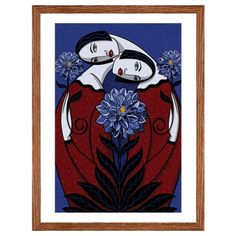 two women in red and blue with flowers