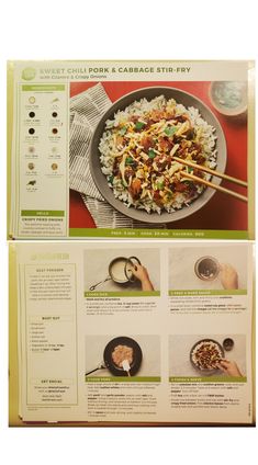 the menu for sweet chili pork and cabbage stir fry is shown in two separate sections