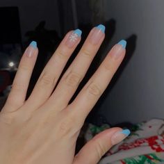 snowflake blue french tip coffin nails Christmas Nails Blue French Tips, Blue French Tip Nails Snowflake, Blue French Christmas Nails, Snowflake Nails Blue And White, Light Blue French Tip With Snowflake, Cute Blue Christmas Nails, Blue French Tip With Snowflake, Blue French Tips With Snowflakes, Winter Blue French Tip Nails