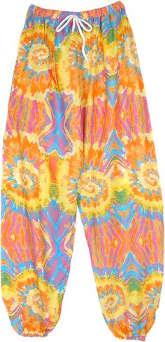 A fresh summer style in hippie harem pants that looks like an artistic tie-dye, but it's actually printed - the colors are mainly orange and yellow in a splashy style tie-dye print.  These soft and free-flowing rayon pants have one pocket on the right side. #tlb #SplitSkirtsPants #beachwrap #Printed #SummerPants #BeachPants