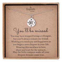 a necklace that says you'll be missed with an image of a compass on it